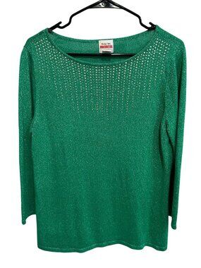 Ruby Rd. Favorites Large Green Metallic Long Sleeve Top Rhinestones Kitschy Retr